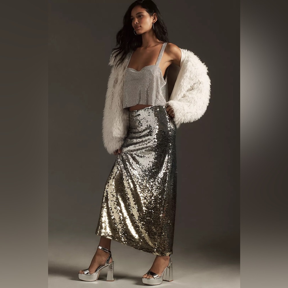 Anthropologie Gold Sequin Maxi Skirt